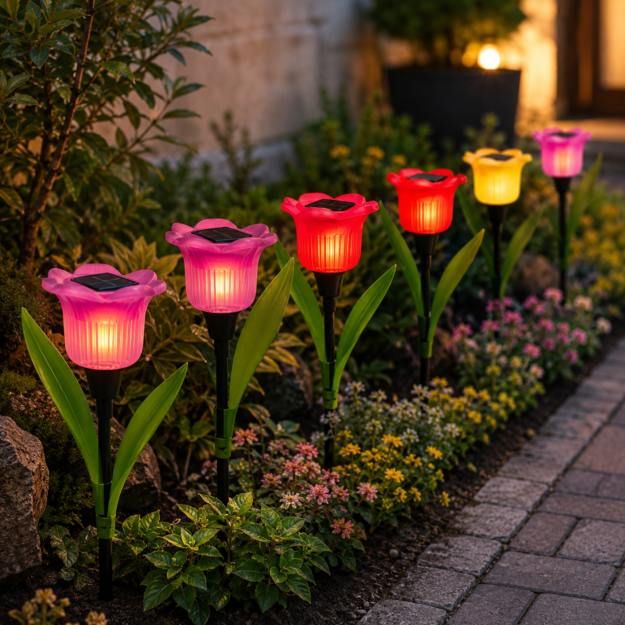 6 db-os LED Szolár Tulipán Kerti Dekor Lámpa - Energiatakarékos és Stílusos Kültéri Világítás