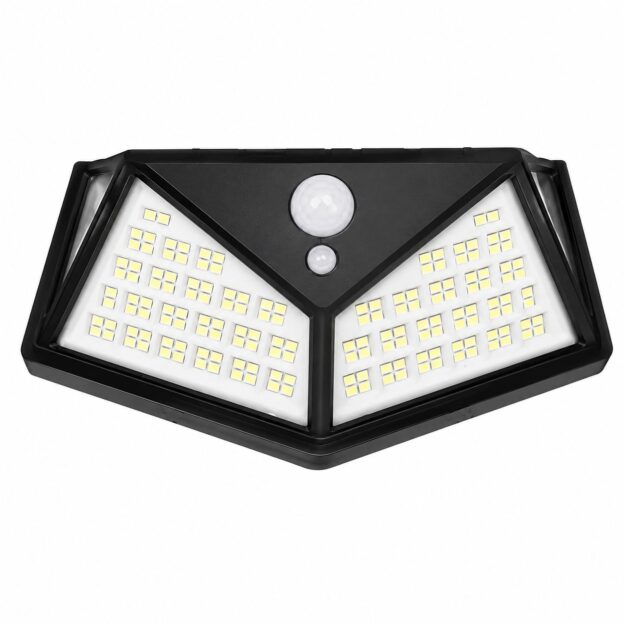 100 LED-es napelemes kültéri LED fali lámpa mozgásérzékelővel, fekete kivitel